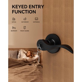 AmzGod 6 Pack Entry Black Door Handle with Lock and Key, Keyed Different Door Levers Interior Exterior Handle Lock, Reversible Front Entrance for Bedroom Wave Style Lever Handles