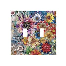 Beautiful Spring Chic Bohemia Double Toggle Wall Plate Colorful Boho Floral Bohemian 2 Gang Light Switch Cover Decorative Vintage Flowers Electrical Faceplate Dual Device Switch Plate Home Decor