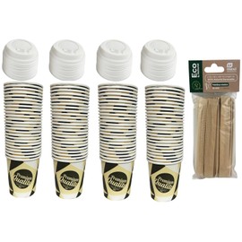ARBUTUS 48 Disposable Cardboard Coffee Cups 4oz with 48 Plastic Lids, Takeaway Cups and 50 Wooden Sticks