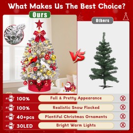 MARTINE MALL 2FT Small Christmas Tree with 30 LED Lights, Snowy Flocked Mini Christmas Tree Artificial Tabletop Xmas Trees with Cardinal Birds Red Bow Star Hanging Ornaments for Table Desk Small Space