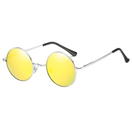 LHSDMOAT Retro Round Polarised UV400 Sunglasses 60s/70s Men Women - Lennon Style, Hippie & Carnival Design for Driving & Travel, Silver/Gold