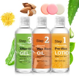 Before And After Waxing Skin Care Products, Chamomile Pre Wax Cleanser Lotion, Almond Oil Moisturizing Wax Remover, Post Wax Cooling Aloe Vera Gel, 3 Bottles Hair Removal Waxing Kit for Women