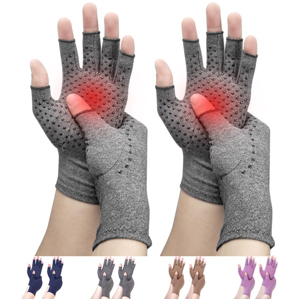 DRNAIETY 2 Pairs Compression Gloves, Arthritis Gloves for Women & Men, Carpal Tunnel Gloves, Help Arthritis Pain, Fingerless Design, Breathable Moisture Wicking Fabric Comfortable Fit (L, Gray-Black)