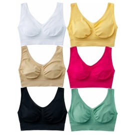 Hiking Gril - Brasier sin aros para mujer, sin relleno, para yoga, Paquete de 6 unidades: negro, blanco, verde, amarillo Merlot, S