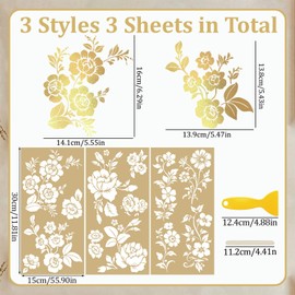WANDIC Transfer-Aufkleber, Goldfolie, gemischte Blumen, wasserdichte Aufkleber für Möbelalben, Fenster, 15 x 30 cm, 3 Bögen
