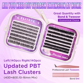 Elitefe Lash Extension Kit DIY 280Pcs Lash Clusters Kit Eyelash Extensions 10-16MM Individual Lashes Extensions with Lash Bond and Seal Lash Tweezers (280Pcs, 40D&80D, 0.07D, 10-16mm)
