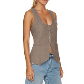 Tankaneo Womens Scoop Neck Blazer Vest Summer Linen Sleeveless Fitted Waistcoat Work Casual Cotton Suit Tops