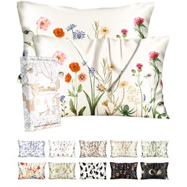 Miss Adola 2 Pack Silk Pillowcase - 20x30 Inch Queen Size Silk Pillow Case with Hidden Zipper for Women Lady Smooth Soft Breathable Cute Design Pillowcase for Hair and Skin, Quiet Flower