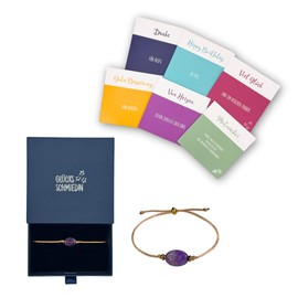 Glücksschmiedin - Amethyst Armband Damen mit Karten-Set, Edelsteinarmband beige mit Goldperlen und edler Geschenkbox mit 6 verschiedenen Glückwunschkarten für jeden Anlass.