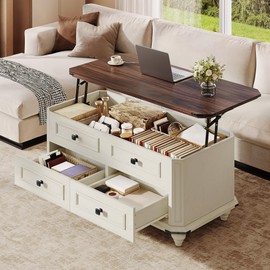 DWVO Lift Top Coffee Table with Storage, Farmhouse Wood Central Table w/Large Hidden Compartment, 2 Storage Drawers, Lift Tabletop Dining Table for Living Room, Reception Room, Rustic White