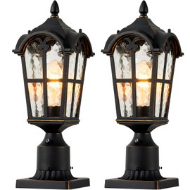 VIANIS Outdoor Post Lights 2 Pack, Black Dusk to Dawn Pole Lantern Lighting Fixture with Pier Mount Base, 100% Aluminum Exterior Post Lamp with Water Ripple Glass for Yard Patio Path(Hardwired 120VAC)