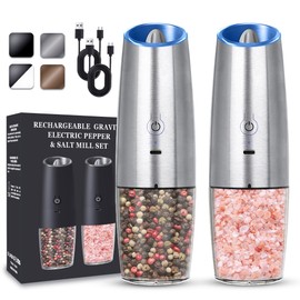 UNNEES Rechargeable Electric Salt and Pepper Grinder set of 2, gravity electric salt and pepper grinder set, Adjustable Roughness, LED Light, 2 Pack, (Silver)