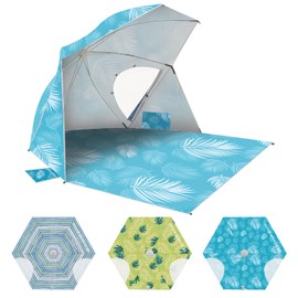 OutdoorMaster Pop Up Beach Umbrella, Portable Beach Tent Shelter, Beach Shade Sun Canopy with UPF 50+ UV Protection, Extendable Floor with Carrying Bag - Blue Feathers
