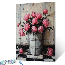 Tucocoo Paint by Number for Adults, Old Bucket Flowers DIY Painting by Number Kits, Easy Acrylic Paint by Numbers on Canvas, Rustic Vintage Pink Peonies Picture for Home Decor 16x20 Inch (Frameless)