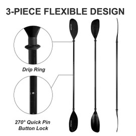 WONITAGO Kayak Paddle Premium Fiberglass Paddle with Reinforced Nylon Blades, Floating Oars for Kayaks, Adjustable Kayaking Paddles Accessories, 3 Piece Black