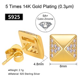 VEXXS S925 Diamond Stud Earrings for Men, 14K Real Gold Plated Iced Out Earrings 5A CZ Stones 925 Sterling Silver Studs for Men Women Hypoallergenic Earrings