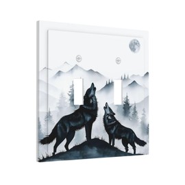 Spshian Decorative Light Switch Cover Plate Black White Ink Forest Wolf Moon Mountain 2 Gang Switch Plate Covers Double Toggle Wall Plates Electrical Faceplate for Bathroom Bedroom Decor