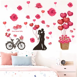 Romantic Lovers Red Rose Balloons Wall Stickers, sacinora Floral Art Love Wall Decals Removable Vinyl Peel and Stick for Valentine's Day Couples Living Room Bedroom Sofa TV Background Decorations