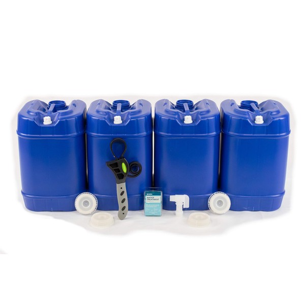 Emergency Water Storage 5 Gallon Water Tank - 20 Gallons (4 Tanks) - 5 Gallons Each w/Lids + Spigot & Water Treatment - Food Grade, Portable, Stackable, Easy Fill - Survival Supply Water Container