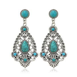 Filigree Teardrop Turquoise Dangle Earrings for Women Girls Silver Plated Boho Chandelier Blue Birthstone Statement Dangling Drop Studs Earring Lightweight Bohemian Vintage Birthday Holiday Jewelry