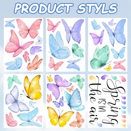 JOICEE 6 Sheets Spring Window Clings,Watercolor Butterfly Spring is in The Air Window Decal Stickers Removable Anti-Collision Spring Window Cling for Window Glass Decoration