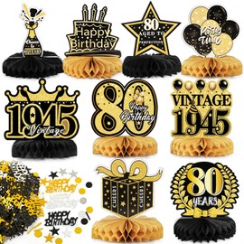 BETESSIN 80th Birthday Decoration Men Black Gold - Includes 9 Pieces Honeycomb Centrepiece and 15g Happy Birthday Confetti - Table Decoration for 80th Birthday for Men and Women