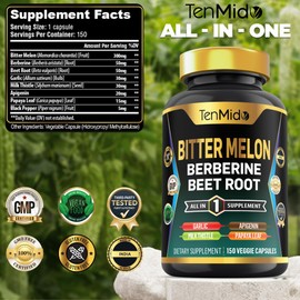 Tenmido Bitter Melon Capsules - 8in1 Formula - Combine with Berberine, Beet Root, Garlic, Milk Thistle, Apigenin, Papaya Leaf, and Black Pepper - 150 Vegan Capsules for 5 Months Supply
