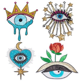 INFUNLY 4PCS Large Evil Eyes Embroidered Applique Patches Flowers on Eyes Sequin Applique Patches Evil Eyes Heart Rhinestone Applique Patches Evil Eyes Star Sewing Repair Patches for Clothing