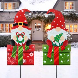 YLOLUL 4 Pack Christmas Gnomes Garden Stakes Metal Xmas Stacked Yard Signs for Outdoor Decorations Santa Gnomes Gift Box Decorative Stakes Holiday New Year Winter Decor for Lawn Pathway Patio