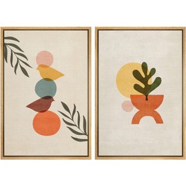 Ashbrook Framed Canvas Print Wall Art Set Mid-Century Colorful Flower Polygons Abstract Shapes Illustrations Modern Art Decorative Minimal for Living Room, Bedroom, Office - 16"x24"x2 Natural