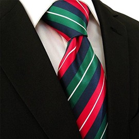 Intrepid Executive Wardrobe Accessory, Handmade 100% Classic Silk Woven Alloy of Green Red Blue Stripes with White Accent Men's Neck Tie, (3.4" Necktie)