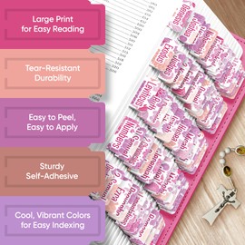 Purple & Pink Dahlias Floral Bible Tabs for Women – Laminated Large Print Flower Pattern Index Tabs, 80 Old & New Testament Scripture Tabs with Easy-Apply Guide, Cute Durable Book Tabs for Bible Study