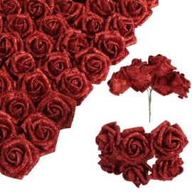 INSUNSIX Artificial Flowers, 60pcs Glitter Roses 1.57in Red Craft Foam Roses With Stems for DIY Wedding Bridal Bouquet Home Party Decoration