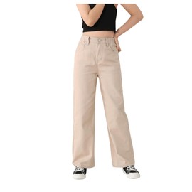 WDIRARA Girl's Butterfly Print Elastic Waist Wide Leg Ripped Jeans Denim Pants Khaki Solid 11-12Y