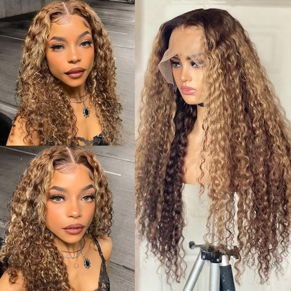 Human Hair Wigs for Black Women Ombre Brown 13x1 Lace Front Wig Brazilian Remy Pre Plucked with Baby Hair Strawberry Blonde Curly Wave Lace Wig for Women 14 Inch