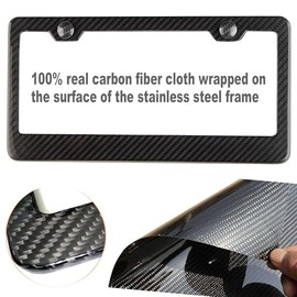 ZXFOOG Carbon Fiber License Plate Frame, Wide Edge Stainless Car Tag Holder | 100% Handcrafted Real Carbon Fiber Cloth Wrapped, Black Heavy-duty Metal