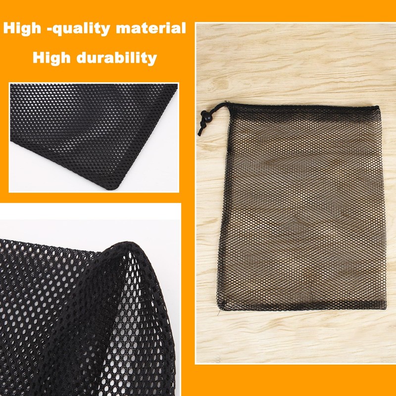 10PCS Compact Black Nylon Mesh Pouches with Drawstrings – 15x20cm