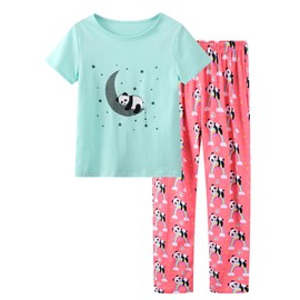 CYCHELRY Big Girls Pajamas Lovely 2PCS Soft Blue and Pink Pandas Short Sleeve with Pants Sleepwear Teens PJS Clothes Size 12