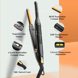 Ficzcfy Pencil Flat Iron 3/10'' Small Flat Irons for Short Hair,Pixie Cut & Bangs,Mini Hair Straightener for Edge with LED Display,Travel Tiny Hair Straightener with Dual Voltage,Auto Shut Off（Orange）