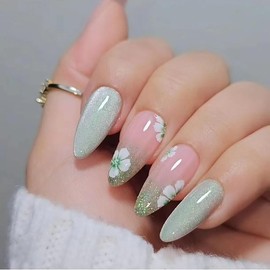 Medium Almond Press on Nails Green Flowers Fake Nails Glitter Gradation Acrylic Nails with Daisy Spring Designs Ombre Flash False Nails Glue on Nails Glossy Press Ons for Women Girls 24pcs