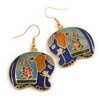 Multicoloured Enamel Elephant Drop Earrings In Gold Tone Metal - 45mm Long