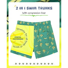 SURF CUZ Boys Swim Trunks with Boxer Brief Liner Toddler Boy Stretch Swimsuit Shorts Quick Dry Swimming Trunks Bathing Suit 2 in 1 Beach Shorts Banana Green 5/6