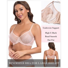 HACI Minimizer Lace Bra for Women Plus Size Full Coverage Unlined Underwire(Beige,44D)
