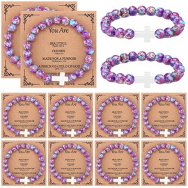 Landical 12 Pieces Cross Beaded Bracelet for Women Christian Natural Stone Gifts Bulk with Bible Card for Easter Mom Friend