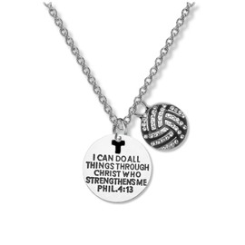 Volleyball Charm Necklace, Christian Faith Charm Pendant, I Can Do All Things Through Christ Who Strengthens Me Phil. 4:13 Scripture Jewelry