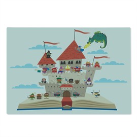 Lunarable Medieval Cutting Board, Tale Story Book Castle King Queen Cartoon Dragon Witch Knight Wizard Viking, Decorative Tempered Glass Cutting and Serving Board, Large Size, Multicolor