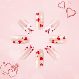 Press on Nails Medium Square Fake Nails with Heart Bow Designs Pink French Tip Nails Press ons Glossy Glue on Nails Cute Acrylic Nails Nude False Nails Stick on Nails for Women 24Pcs