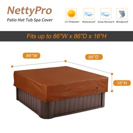 NettyPro Hot Tub Cover Protector Waterproof Outdoor SPA Cover Cap for Square Hot Tub, 86 x 86 inch, Brown