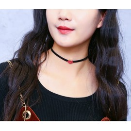 BELUCKIN Red Crystal Sexy Kiss Lip Choker Necklace Black Pu Chain Necklace Charm Lips Jewelry (A)