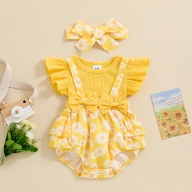 ZZLBUF Baby GIrl Daisy Outfits Bowknot Ribbed Floral Romper Ruffle Sleeve Bodysuit Headband Newborn Infant Summer Clothes (Yellow, 0-3 Months)